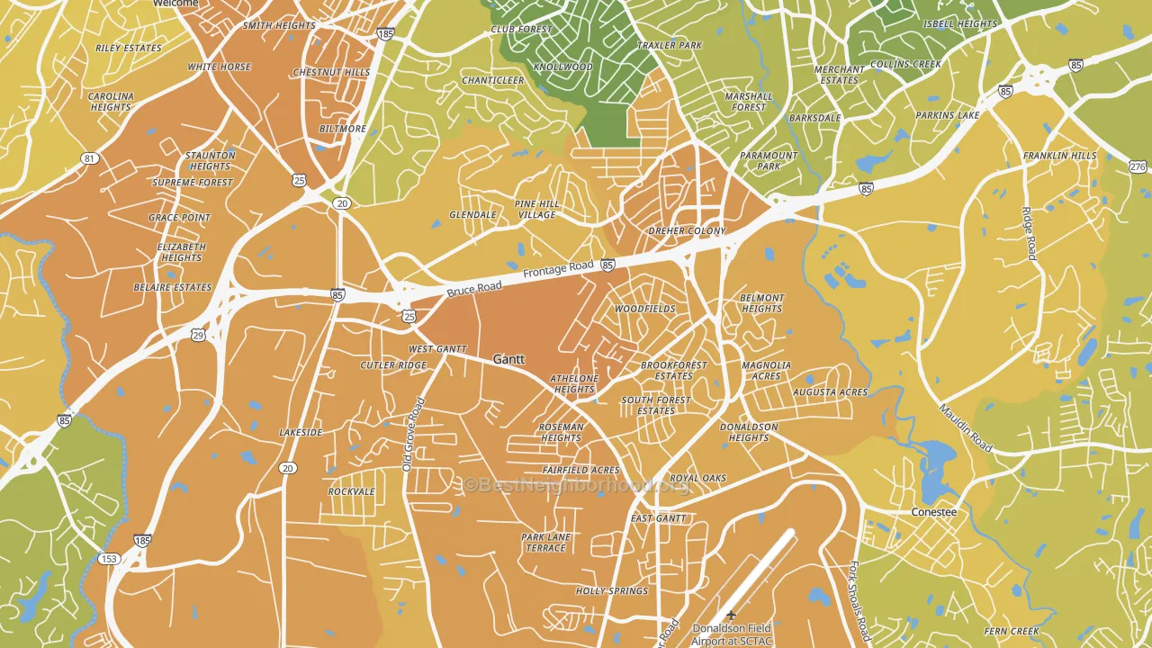 Map of the best neighborhoods in the Gantt area, with better matches in green and worse matches in red