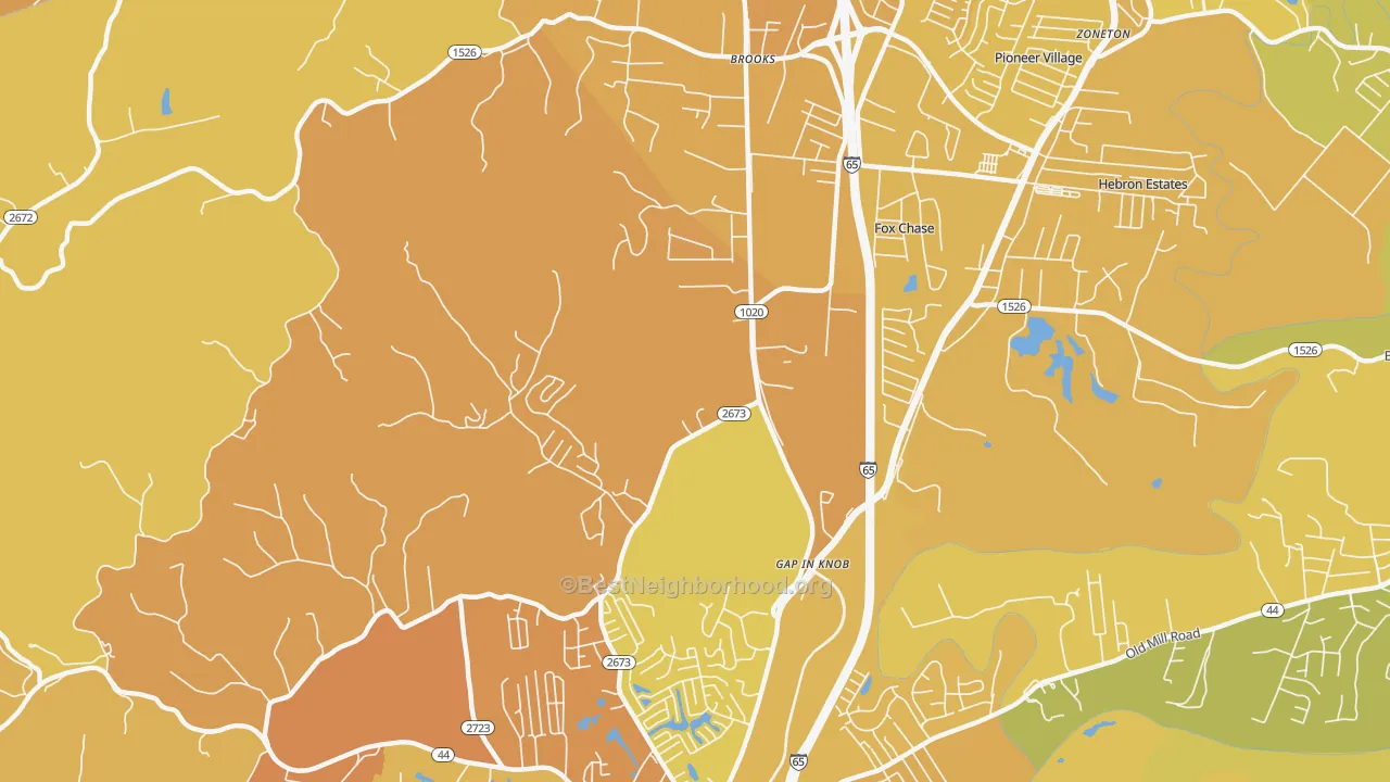 Map of the best neighborhoods in the Gap in Knob area, with better matches in green and worse matches in red