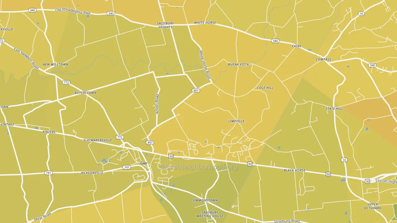Map of the best neighborhoods in the Gap area, with better matches in green and worse matches in red