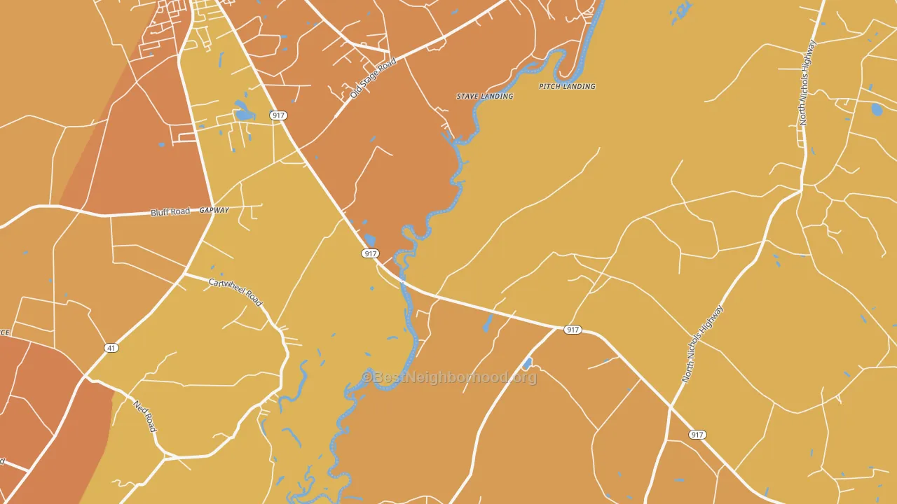 Map of the best neighborhoods in the Gapway area, with better matches in green and worse matches in red