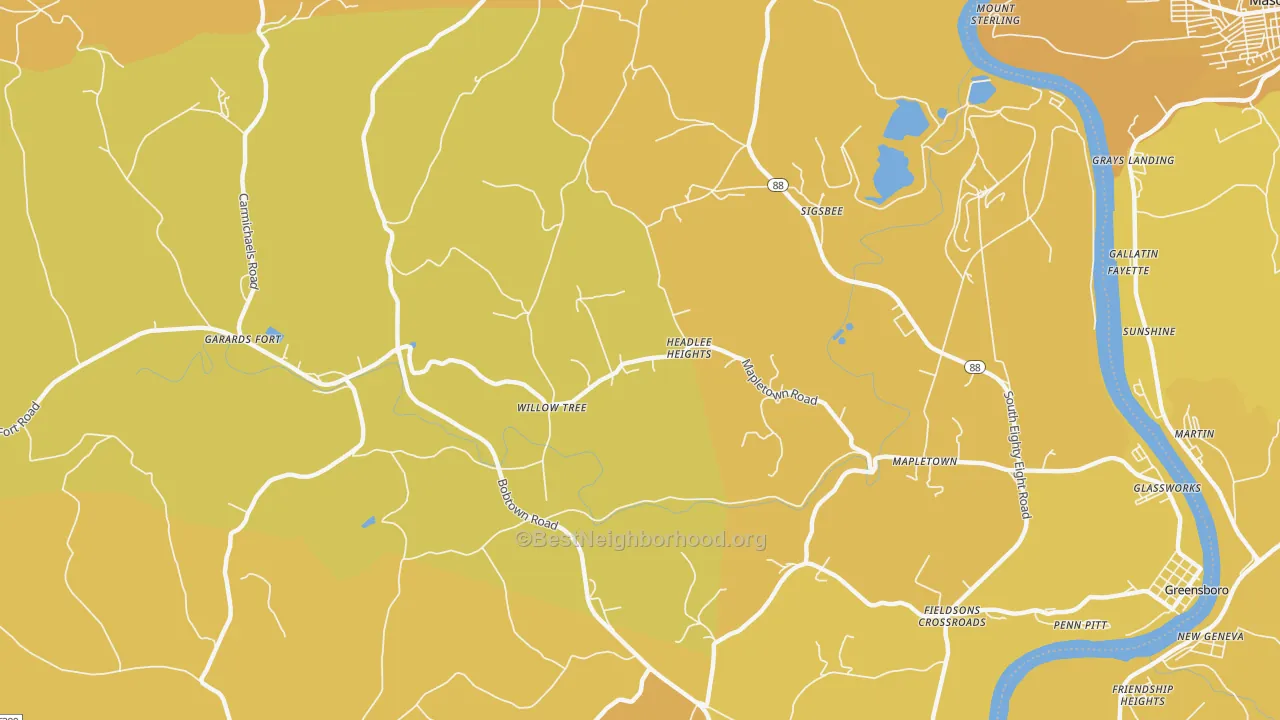 Map of the best neighborhoods in the Garards Fort area, with better matches in green and worse matches in red