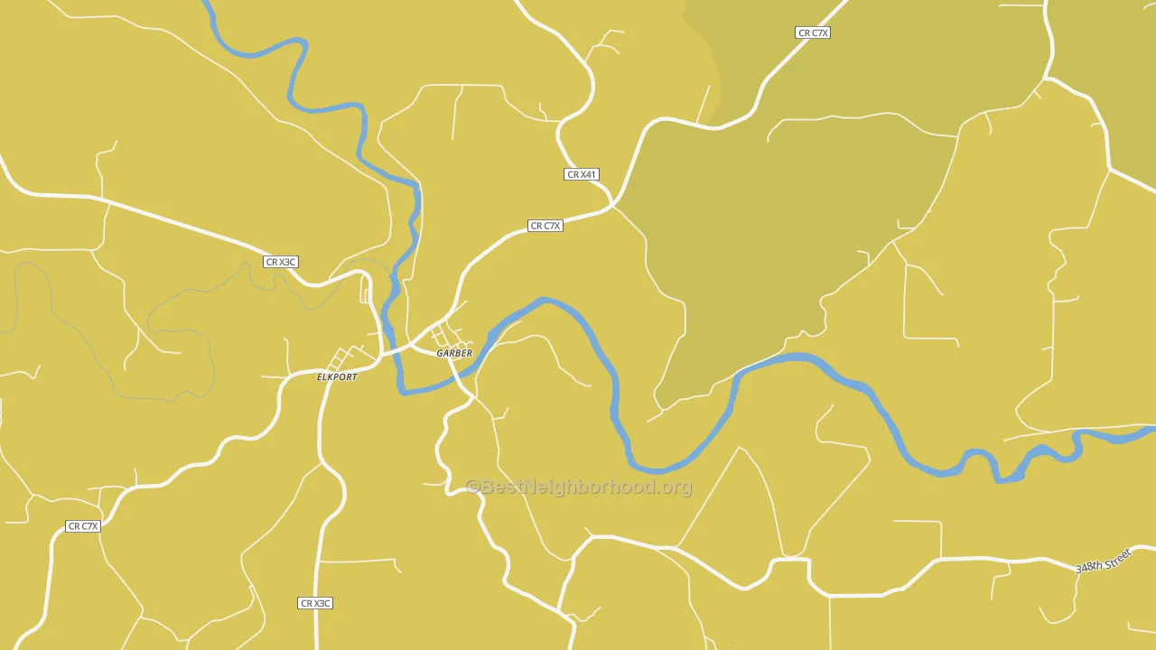 Map of the best neighborhoods in the Garber area, with better matches in green and worse matches in red
