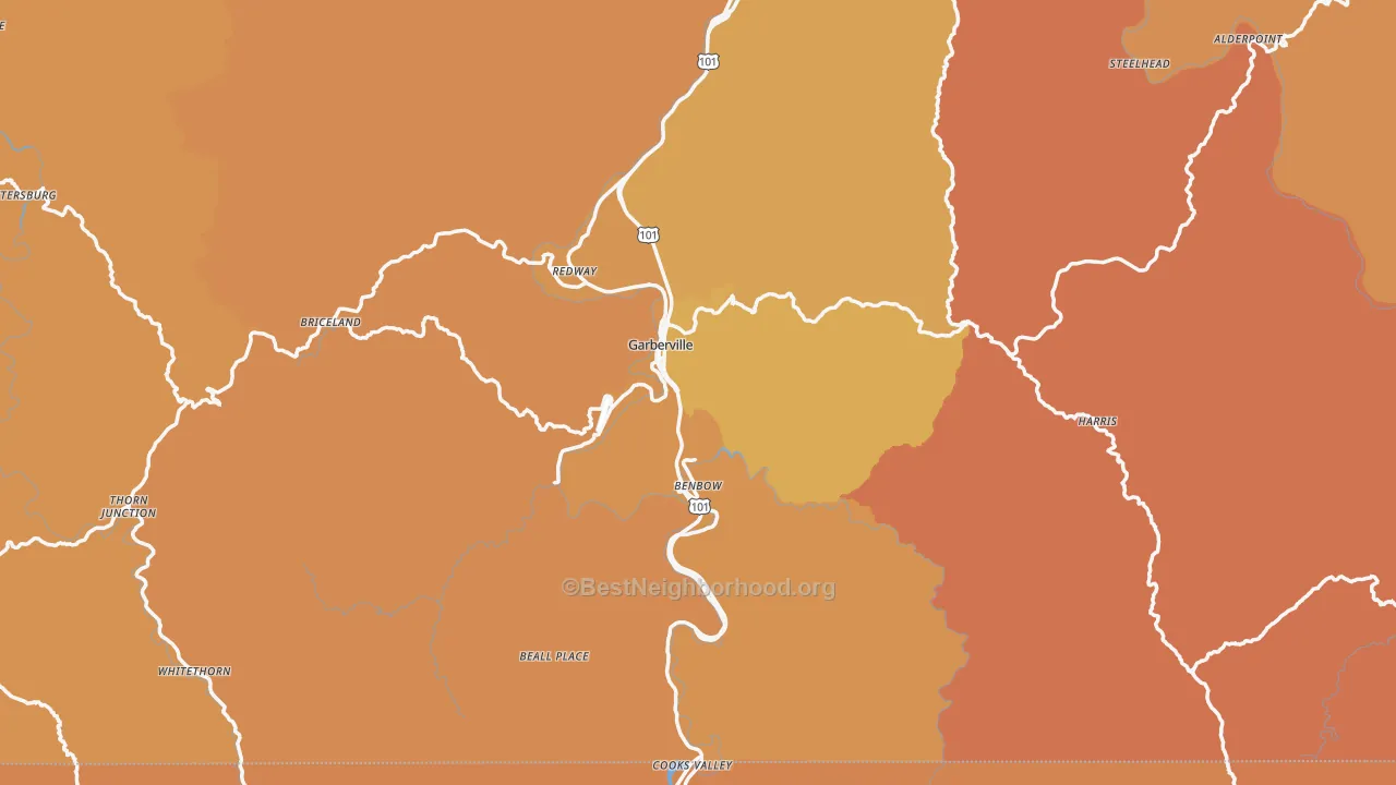 Map of the best neighborhoods in the Garberville area, with better matches in green and worse matches in red