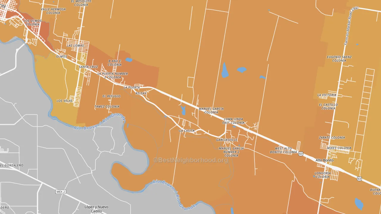 Map of the best neighborhoods in the Garciasville area, with better matches in green and worse matches in red