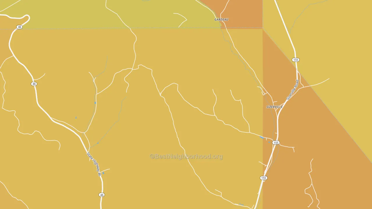 Map of the best neighborhoods in the Gardeau area, with better matches in green and worse matches in red