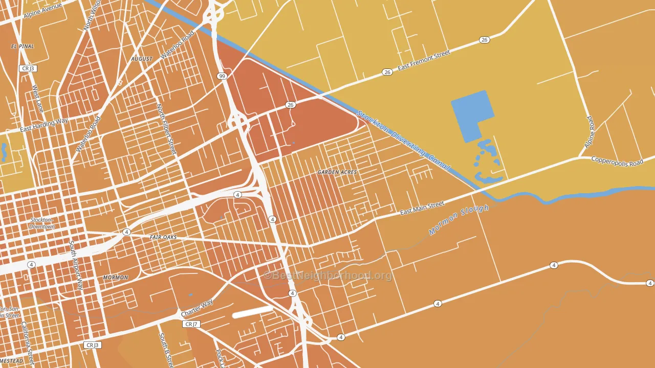 Map of the best neighborhoods in the Garden Acres area, with better matches in green and worse matches in red