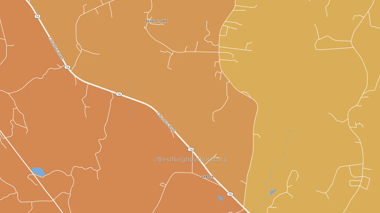 Map of the best neighborhoods in the Garden area, with better matches in green and worse matches in red