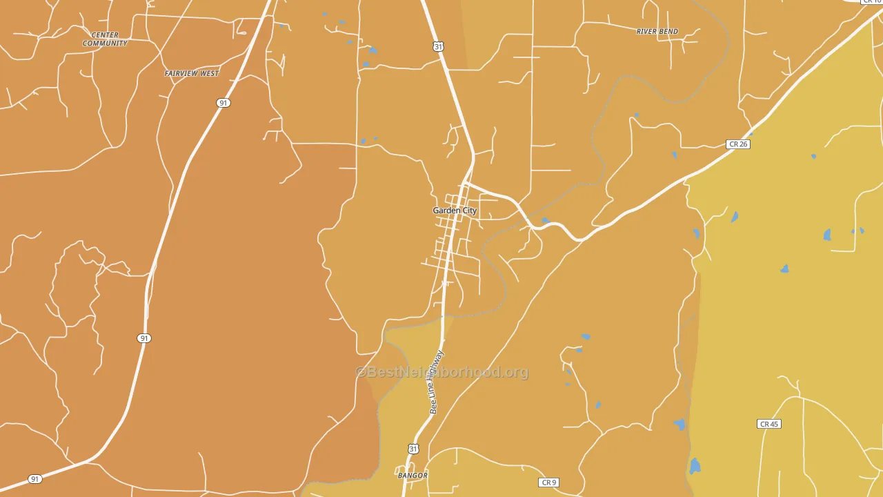 Map of the best neighborhoods in the Garden City area, with better matches in green and worse matches in red