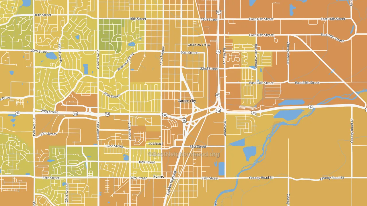 Map of the best neighborhoods in the Garden City area, with better matches in green and worse matches in red