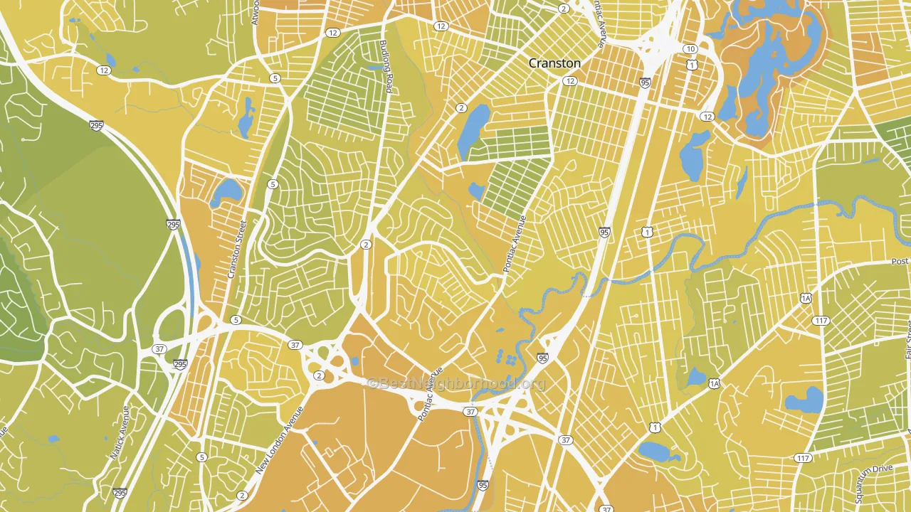 Map of the best neighborhoods in the Garden City, Cranston area, with better matches in green and worse matches in red