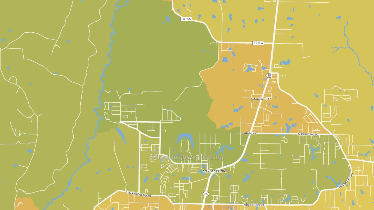 Map of the best neighborhoods in the Garden City area, with better matches in green and worse matches in red
