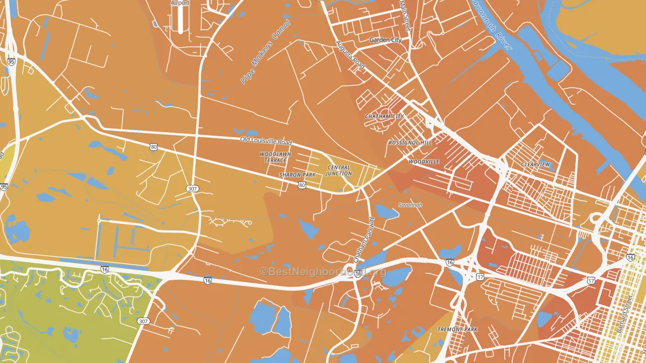 Map of the best neighborhoods in the Garden City area, with better matches in green and worse matches in red