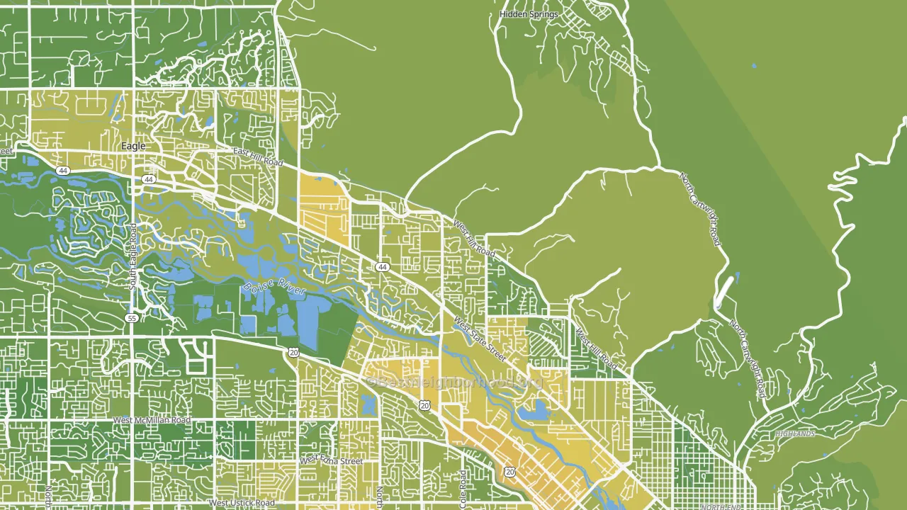 Map of the best neighborhoods in the Garden City area, with better matches in green and worse matches in red