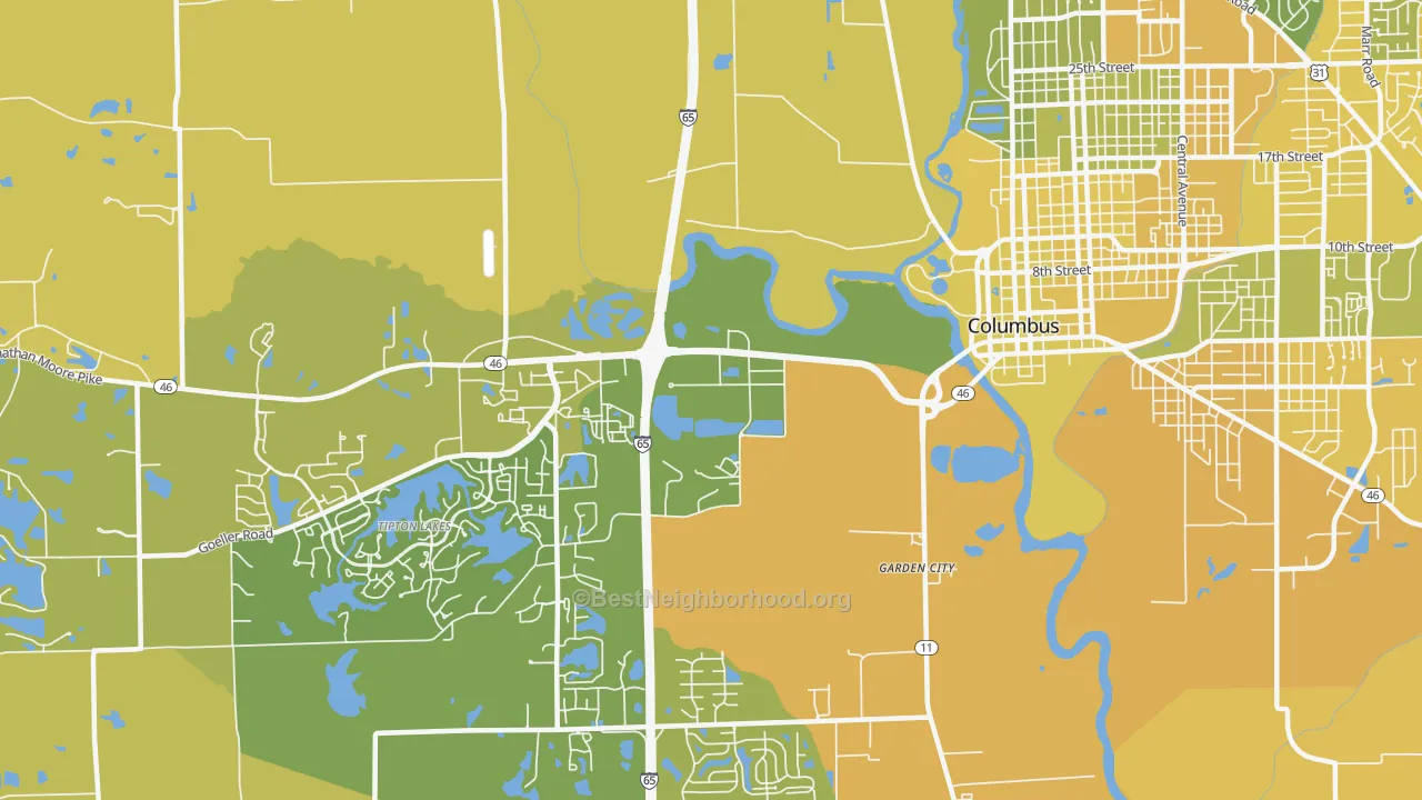Map of the best neighborhoods in the Garden City area, with better matches in green and worse matches in red