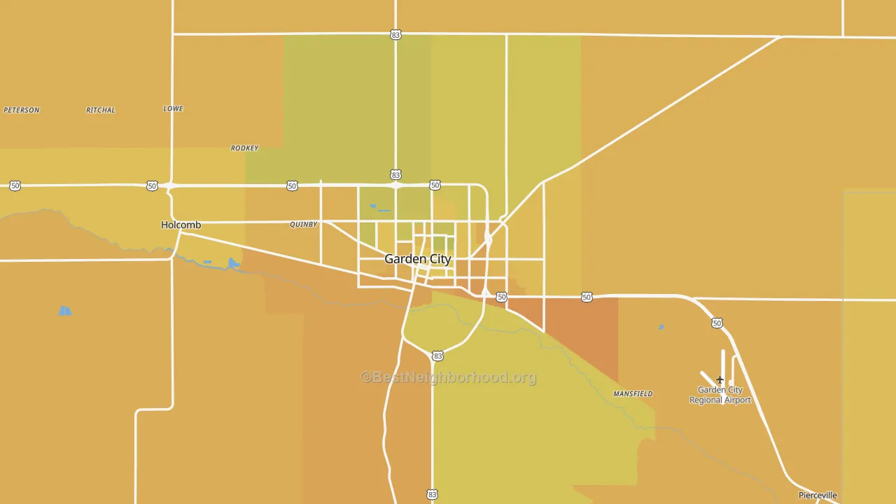 Map of the best neighborhoods in the Garden City area, with better matches in green and worse matches in red