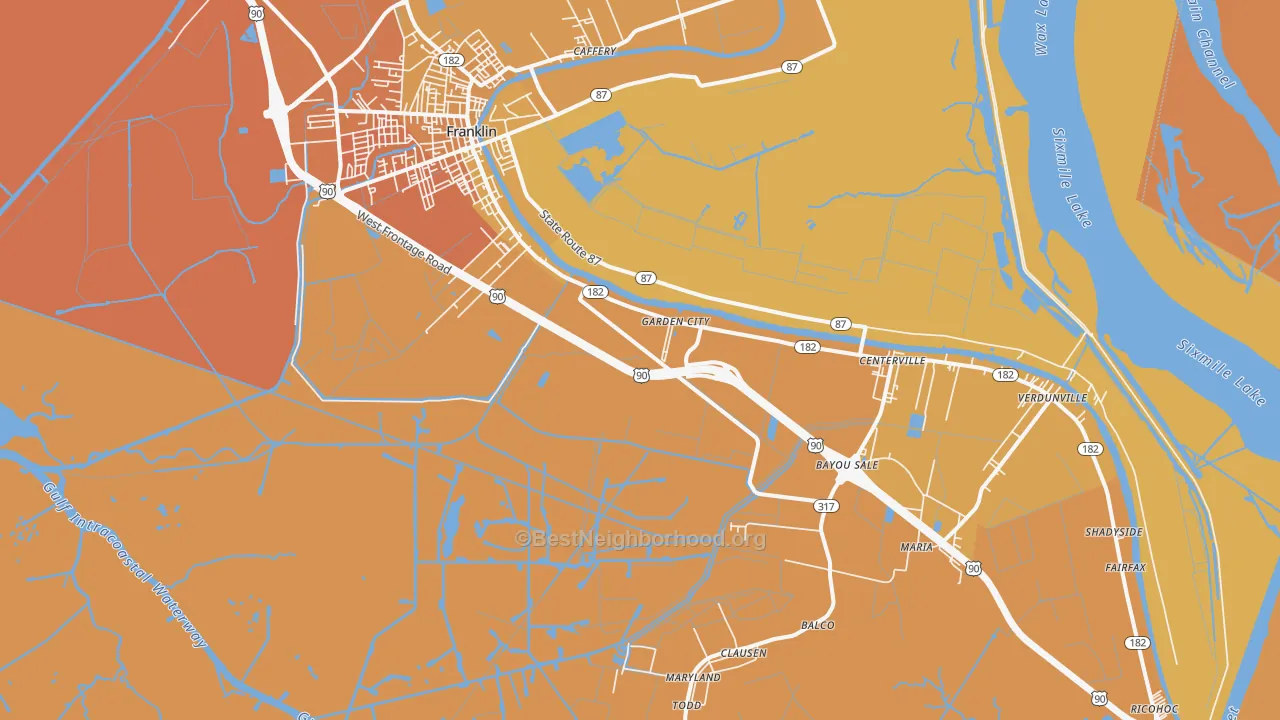 Map of the best neighborhoods in the Garden City area, with better matches in green and worse matches in red