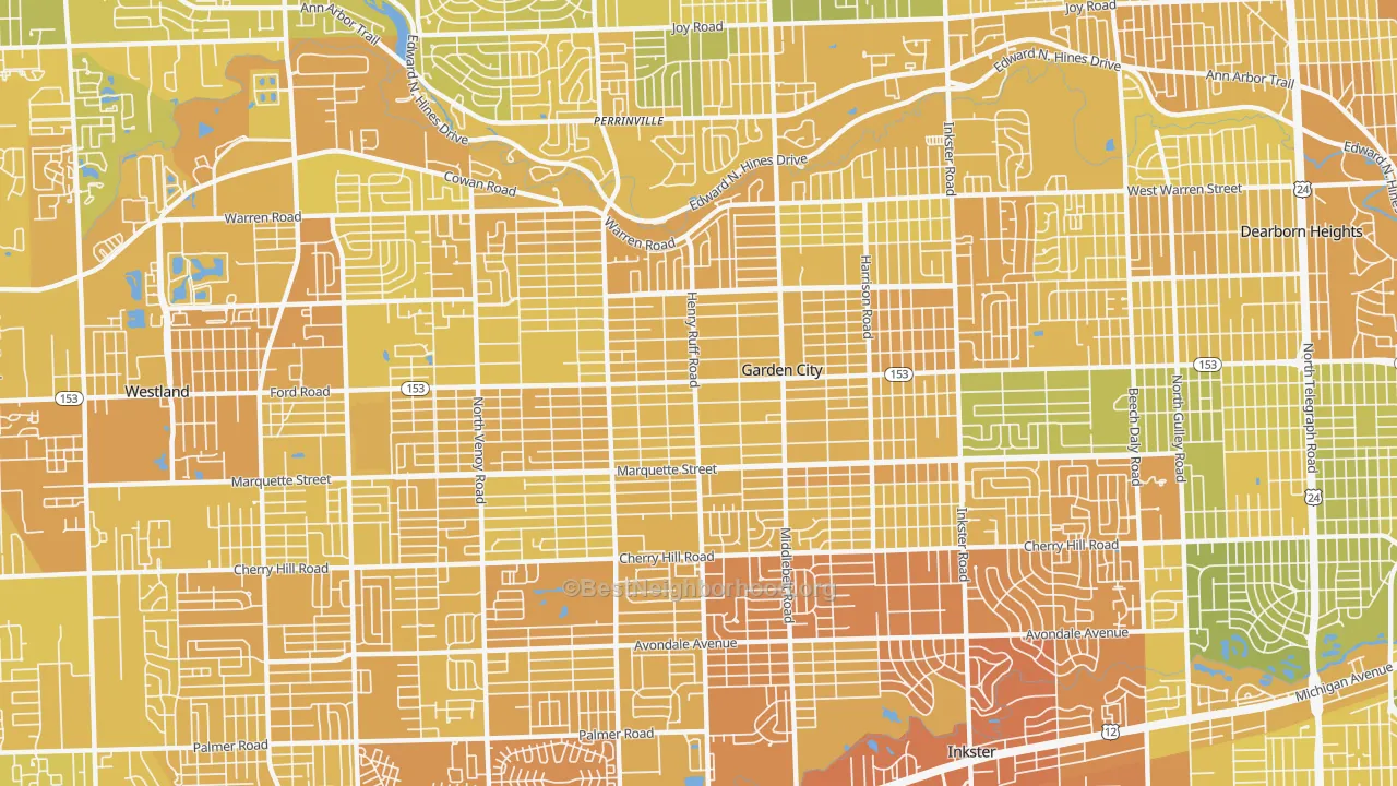 Map of the best neighborhoods in the Garden City area, with better matches in green and worse matches in red