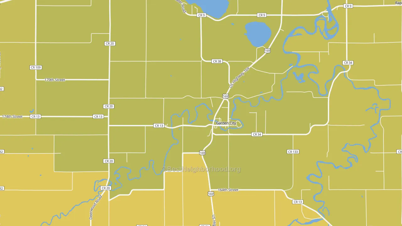 Map of the best neighborhoods in the Garden City area, with better matches in green and worse matches in red