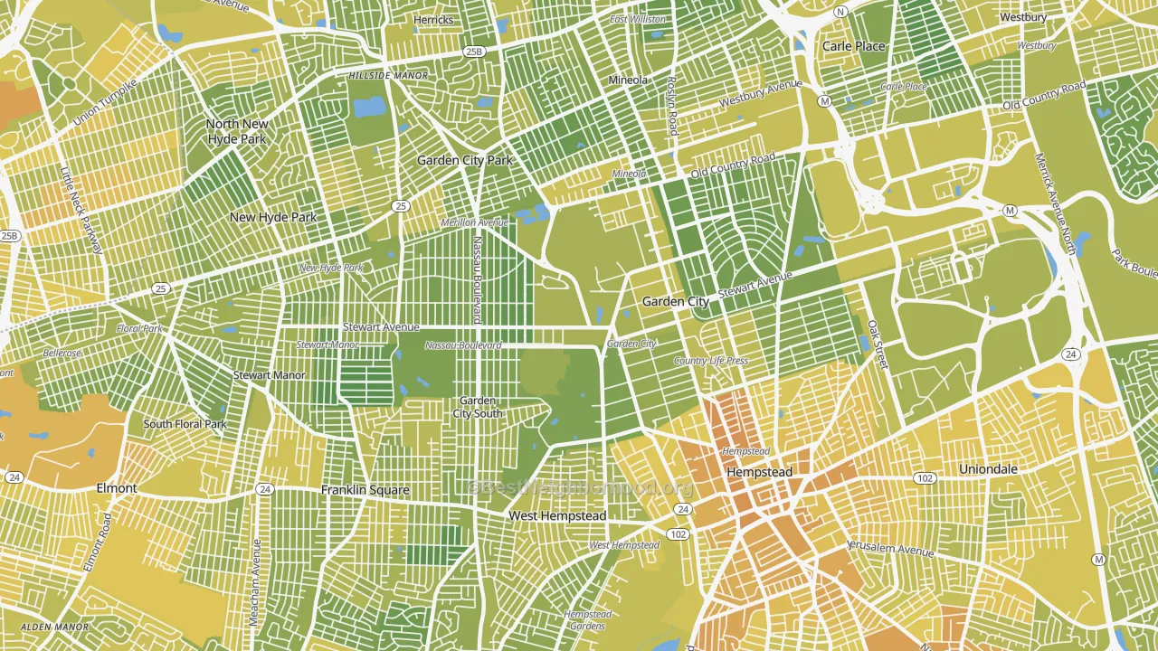 Map of the best neighborhoods in the Garden City area, with better matches in green and worse matches in red