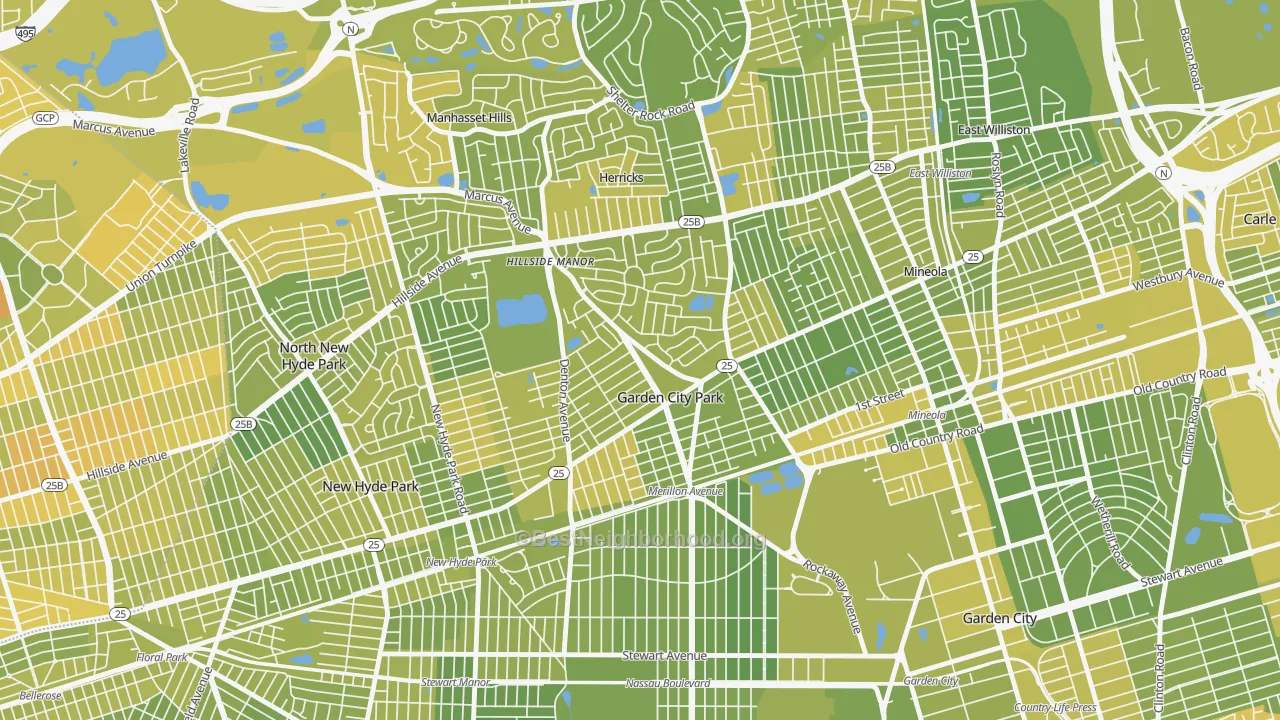 Map of the best neighborhoods in the Garden City Park area, with better matches in green and worse matches in red