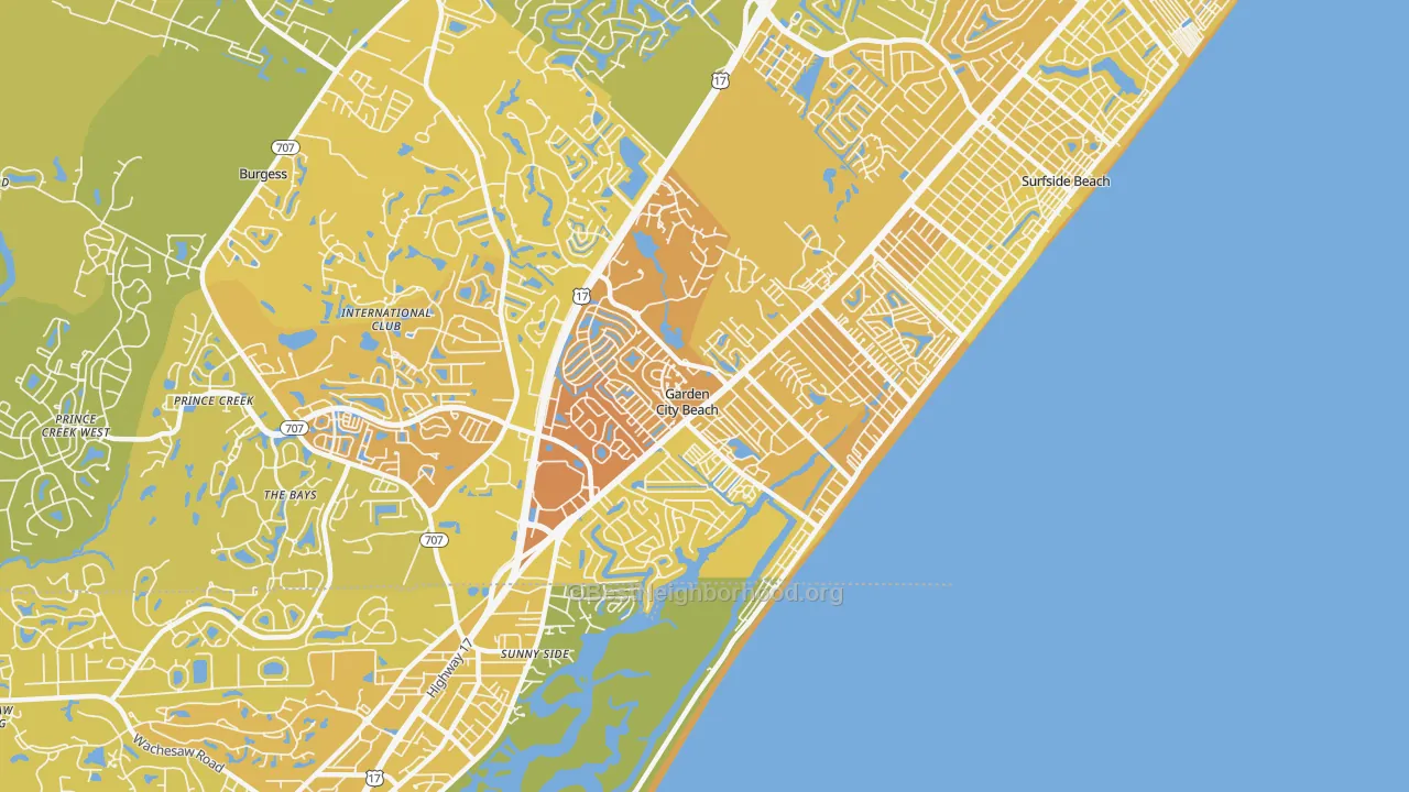 Map of the best neighborhoods in the Garden City area, with better matches in green and worse matches in red