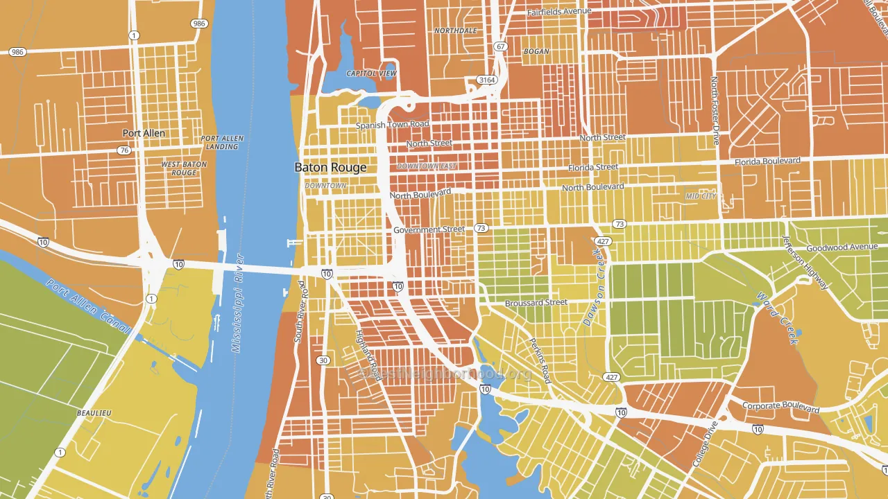 Map of the best neighborhoods in the Garden District, Baton Rouge area, with better matches in green and worse matches in red