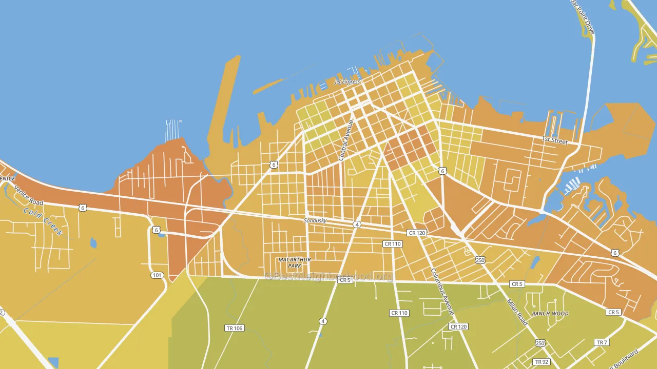Map of the best neighborhoods in the Garden District, Sandusky area, with better matches in green and worse matches in red