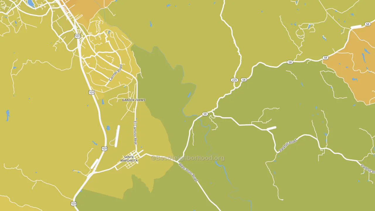 Map of the best neighborhoods in the Garden Farms area, with better matches in green and worse matches in red