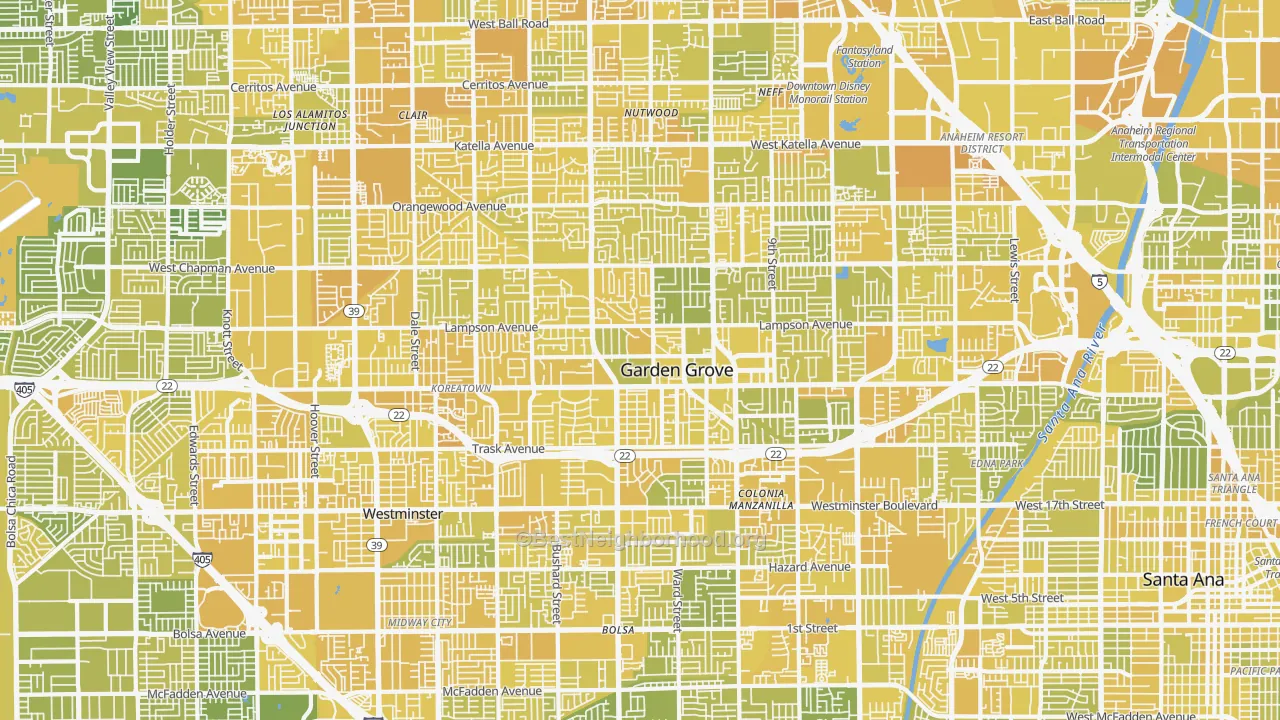 Map of the best neighborhoods in the Garden Grove area, with better matches in green and worse matches in red
