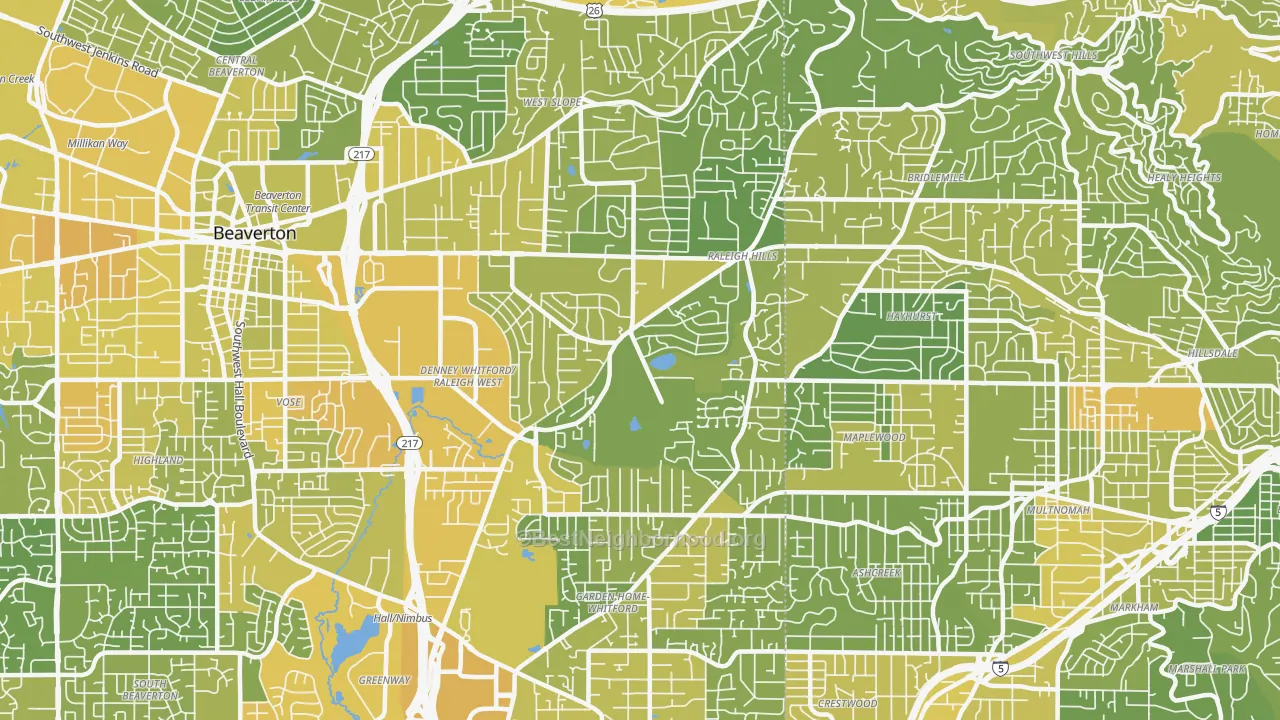 Map of the best neighborhoods in the Garden Home-Raleigh Hills, Portland area, with better matches in green and worse matches in red