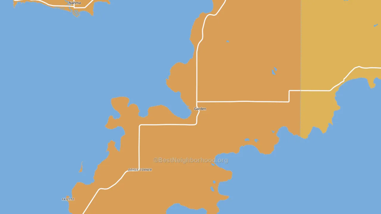 Map of the best neighborhoods in the Garden area, with better matches in green and worse matches in red
