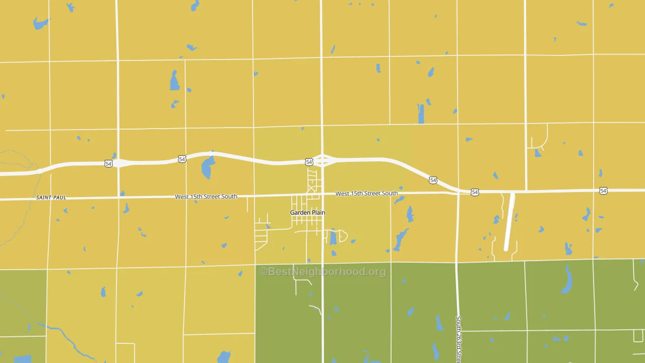 Map of the best neighborhoods in the Garden Plain area, with better matches in green and worse matches in red