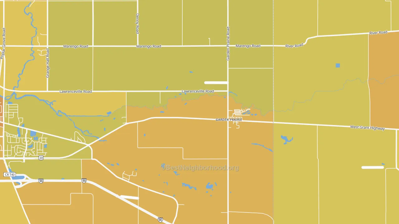 Map of the best neighborhoods in the Garden Prairie area, with better matches in green and worse matches in red