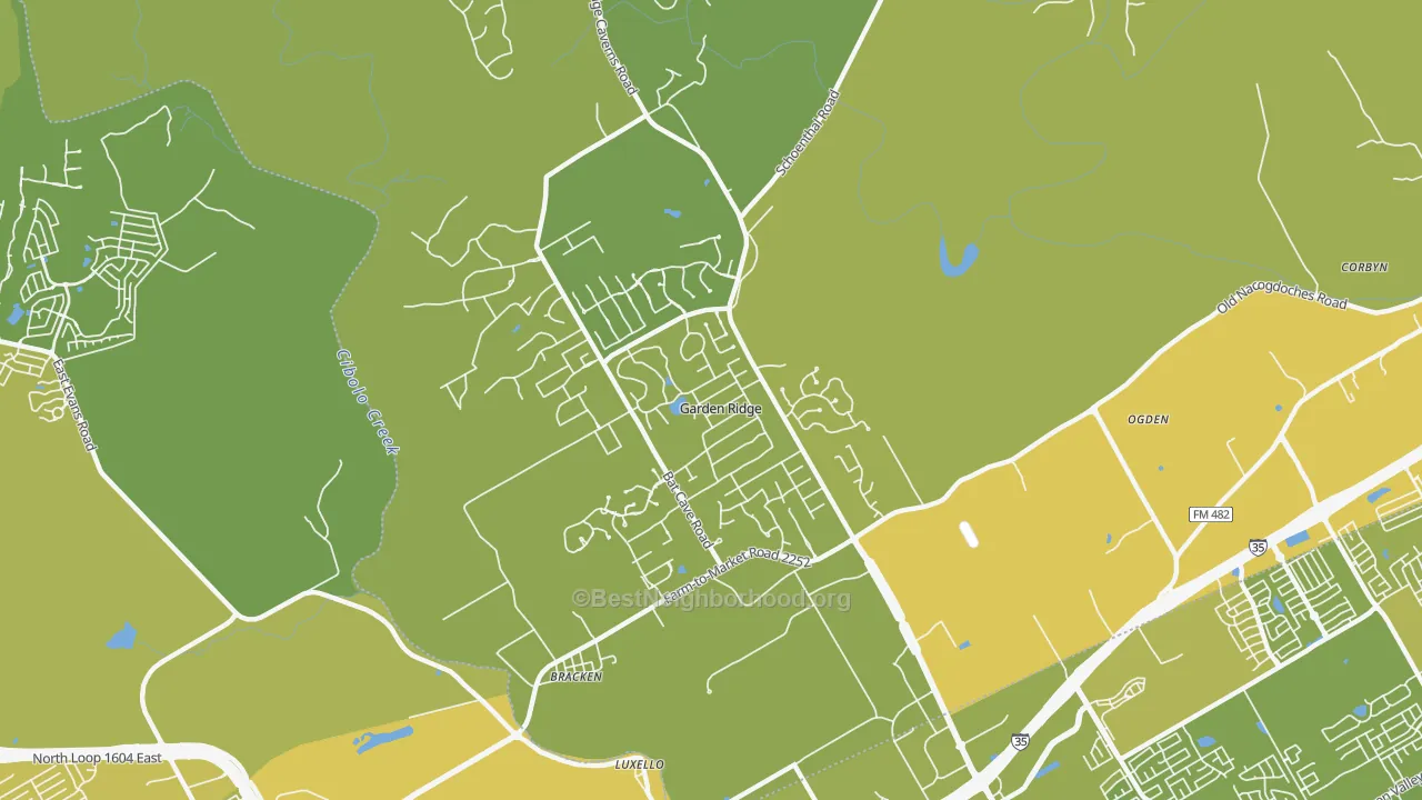 Map of the best neighborhoods in the Garden Ridge area, with better matches in green and worse matches in red