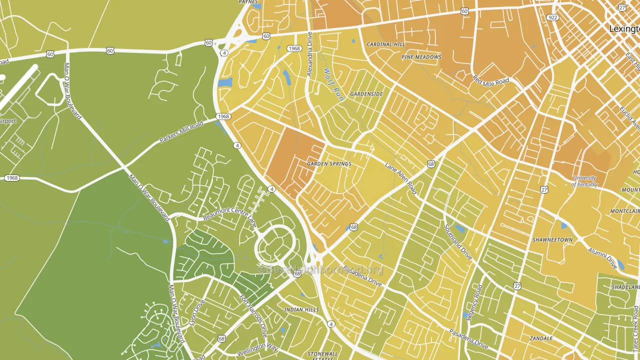 Map of the best neighborhoods in the Garden Springs, Lexington area, with better matches in green and worse matches in red