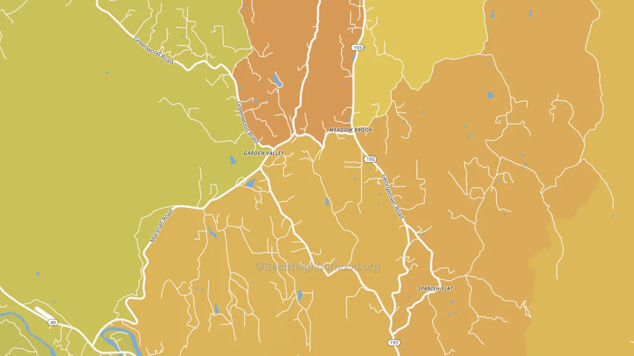 Map of the best neighborhoods in the Garden Valley area, with better matches in green and worse matches in red