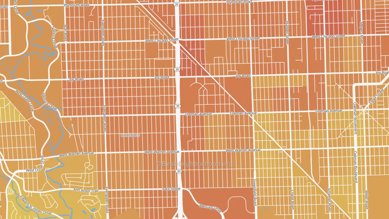 Map of the best neighborhoods in the Garden View, Detroit area, with better matches in green and worse matches in red