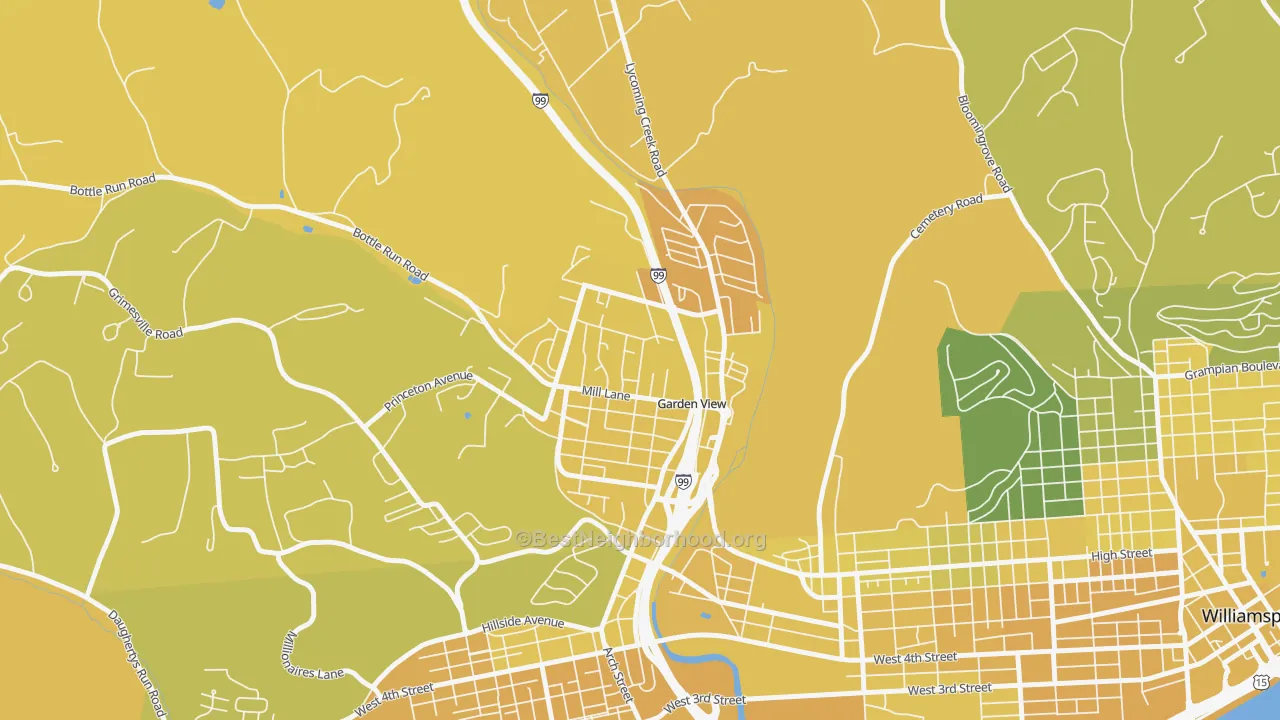 Map of the best neighborhoods in the Garden View area, with better matches in green and worse matches in red
