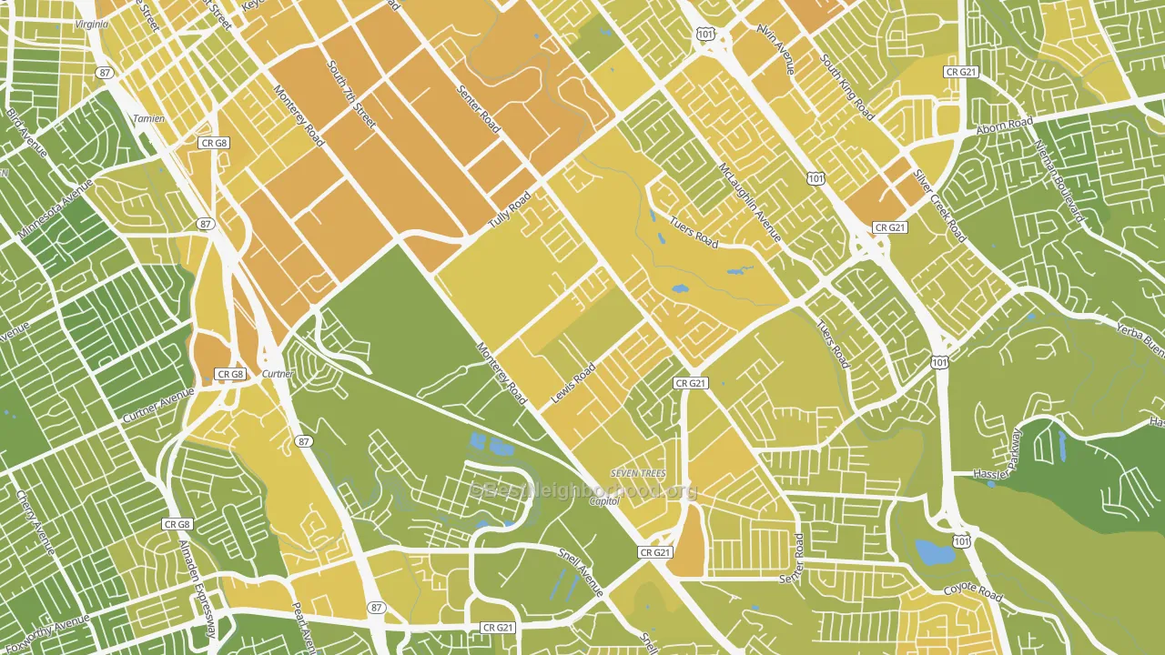 Map of the best neighborhoods in the Garden-Villa Montery, San Jose area, with better matches in green and worse matches in red