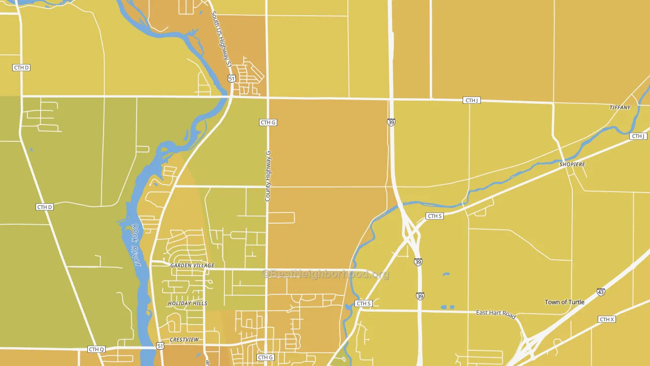 Map of the best neighborhoods in the Garden Village area, with better matches in green and worse matches in red
