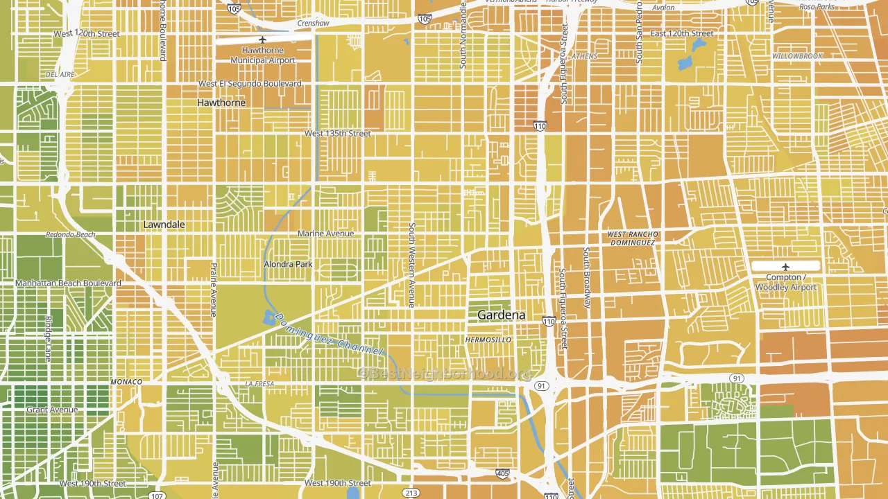 Map of the best neighborhoods in the Gardena area, with better matches in green and worse matches in red