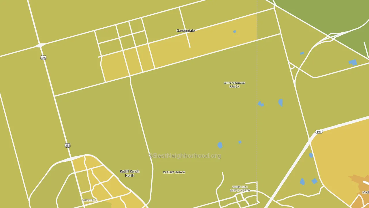 Map of the best neighborhoods in the Gardendale area, with better matches in green and worse matches in red