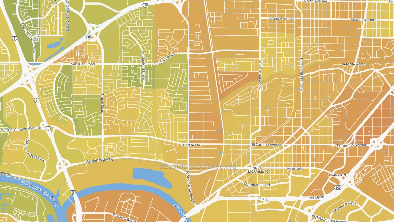 Map of the best neighborhoods in the Gardenland, Sacramento area, with better matches in green and worse matches in red