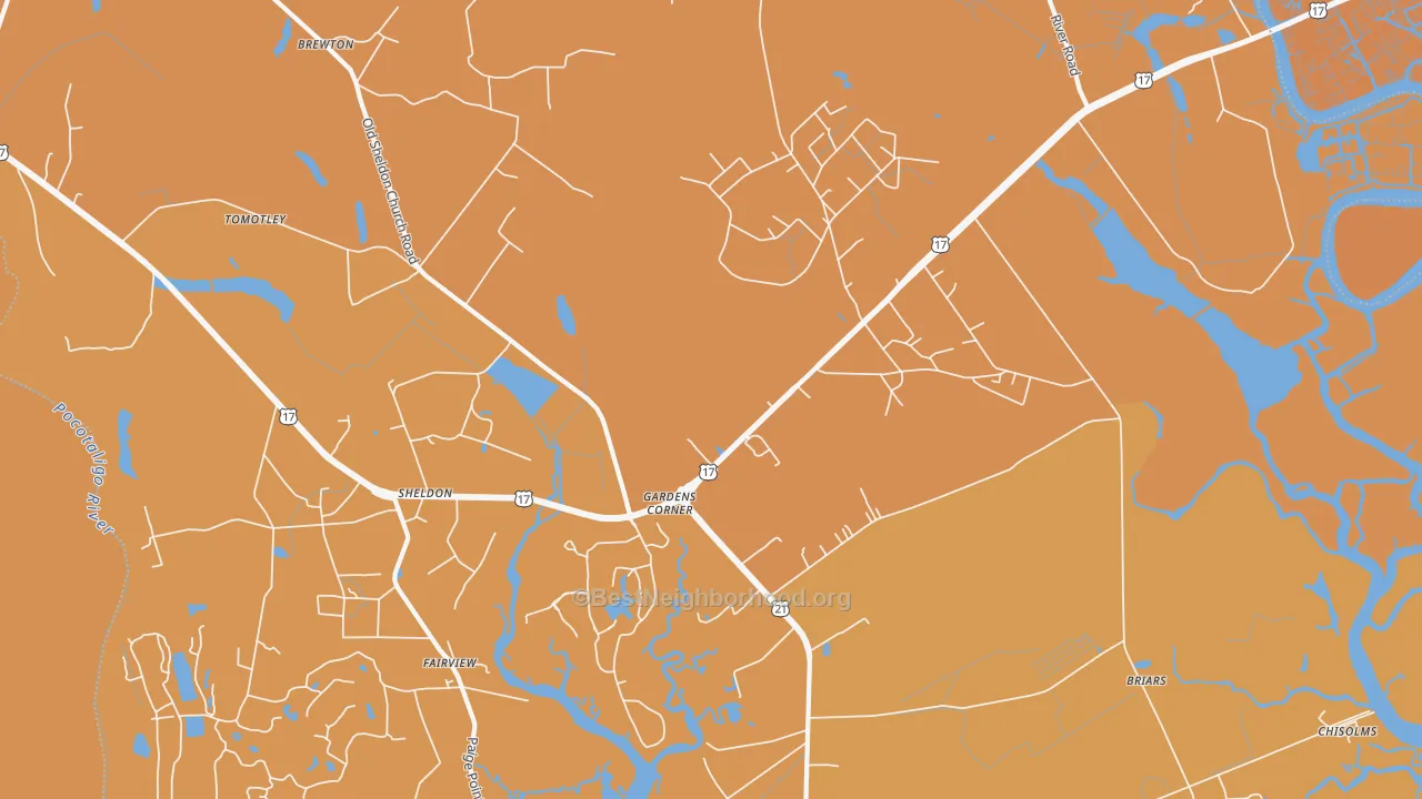 Map of the best neighborhoods in the Gardens Corner area, with better matches in green and worse matches in red