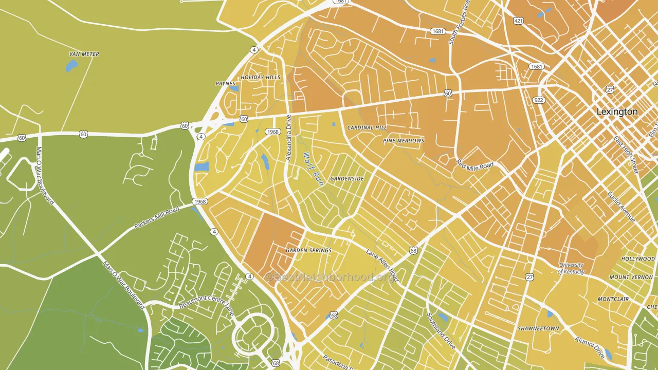 Map of the best neighborhoods in the Gardenside-Colony, Lexington area, with better matches in green and worse matches in red