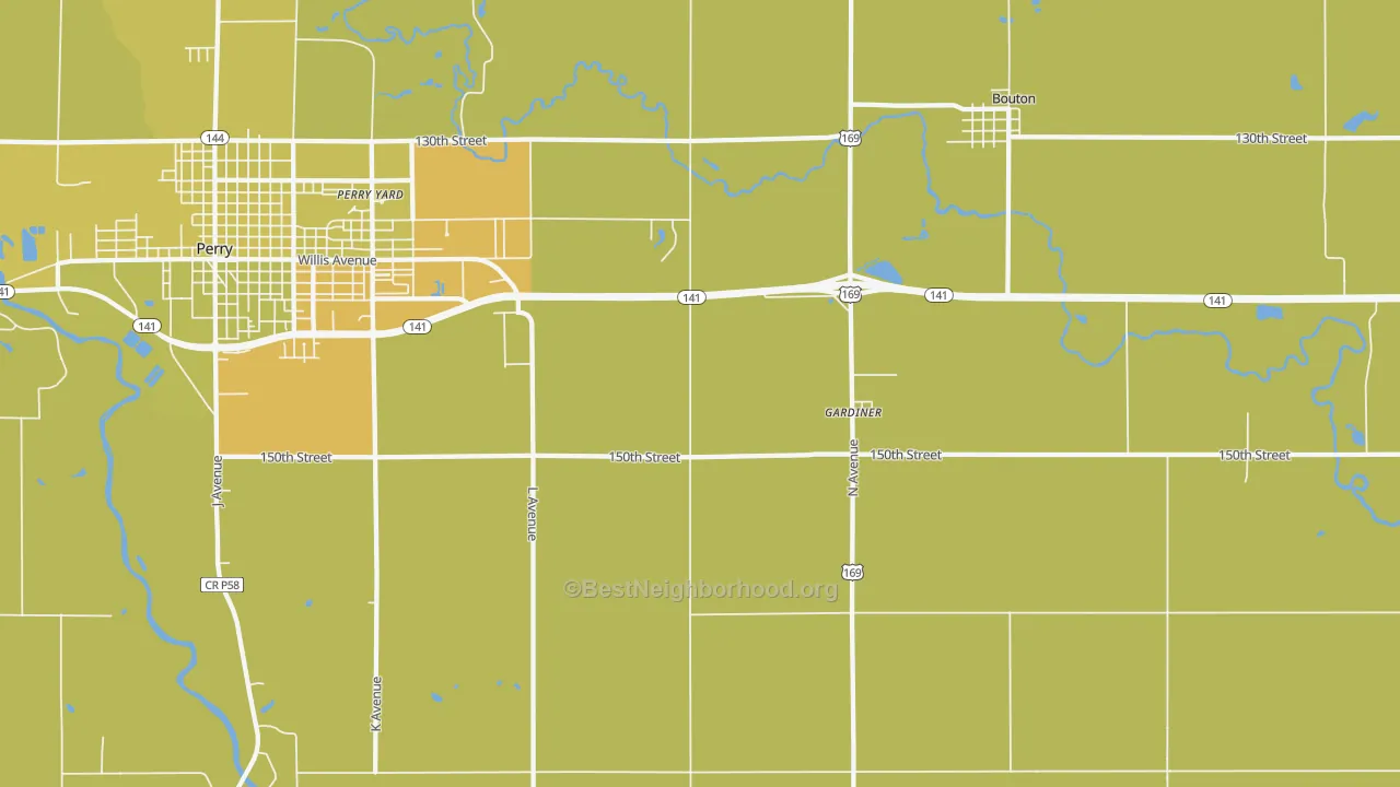 Map of the best neighborhoods in the Gardiner area, with better matches in green and worse matches in red