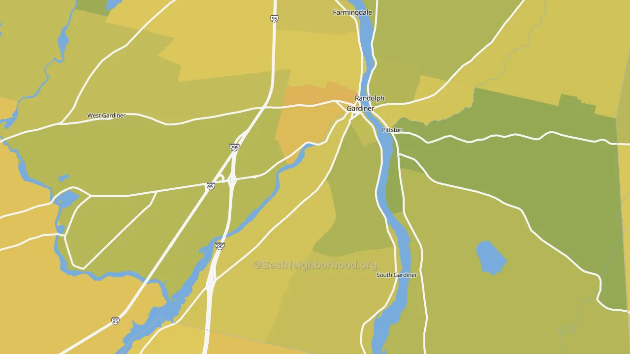 Map of the best neighborhoods in the Gardiner area, with better matches in green and worse matches in red