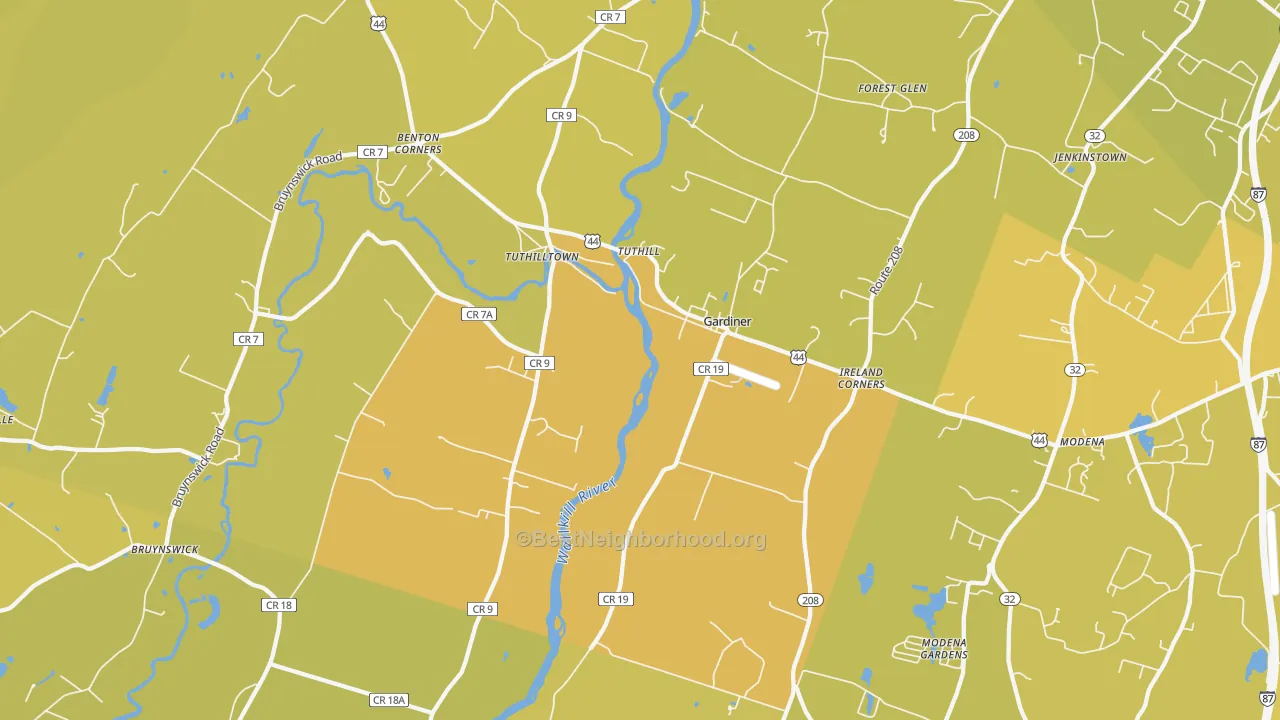 Map of the best neighborhoods in the Gardiner area, with better matches in green and worse matches in red