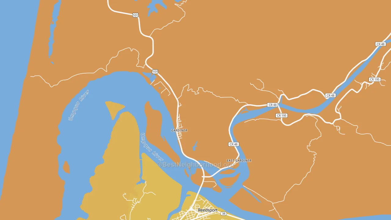 Map of the best neighborhoods in the Gardiner area, with better matches in green and worse matches in red