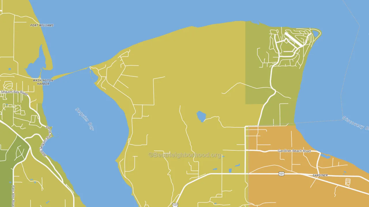 Map of the best neighborhoods in the Gardiner area, with better matches in green and worse matches in red